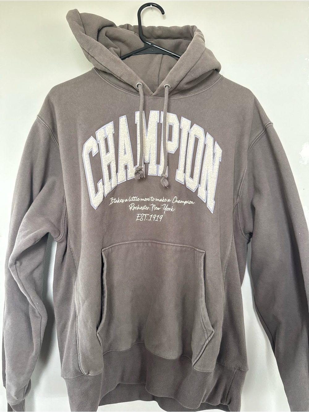 Champion Reverse Weave Taupe Brown Arch Logo Hoodie Sweatshirt Size Medium M
